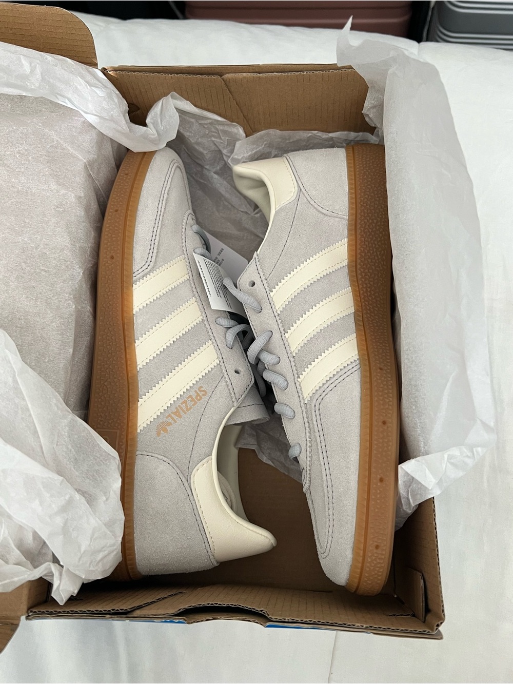 adidas Men’s Suede Sneakers in Light Gray and Cream with Gum Sole - Picture 2 of 3